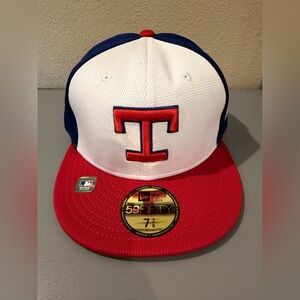 Texas Rangers New Era 59FIFTY Fitted Hat 7 3/8 Red White Blue MLB On Field Cap
